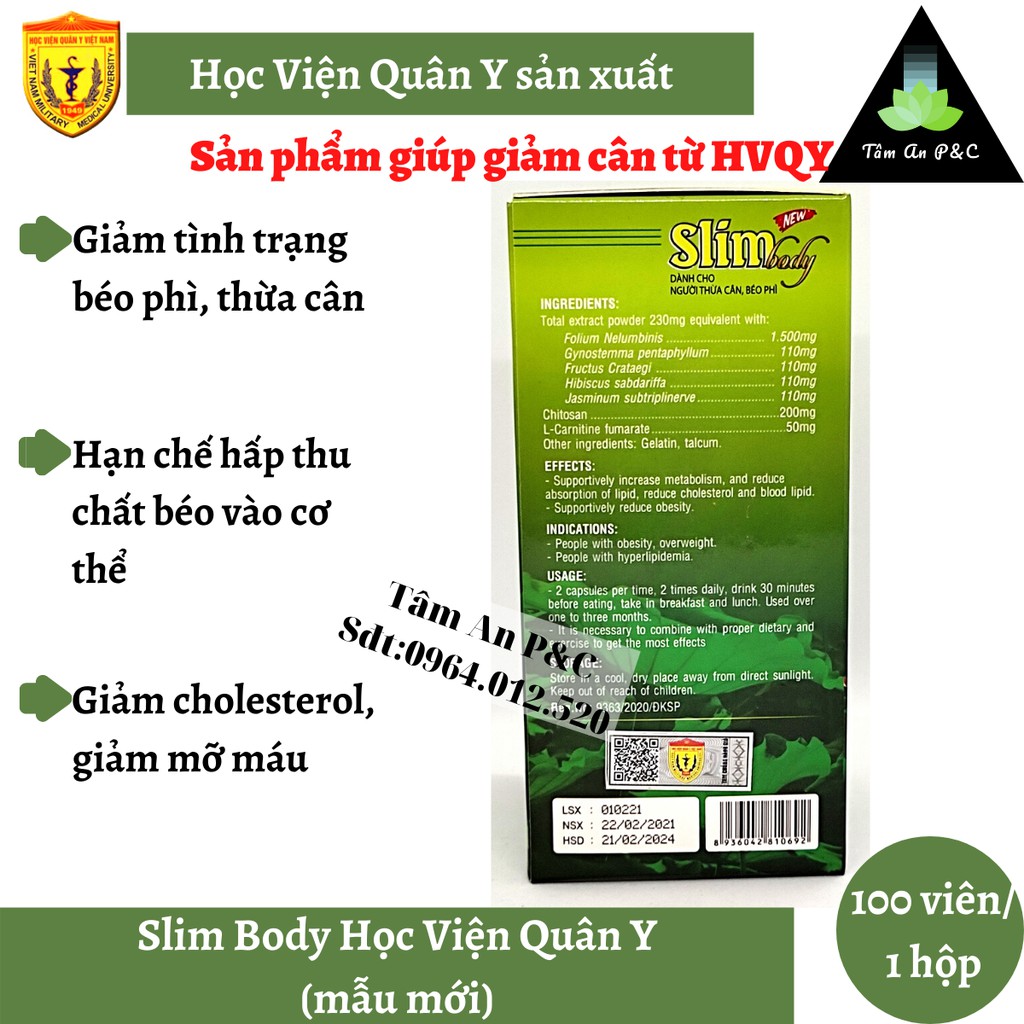 (Giảm cân an toàn) Viên uống giảm cân Slim Body New sản xuẩt bởi Học viện Quân Y hộp 100 viên--CHÍNH HÃNG HVQY