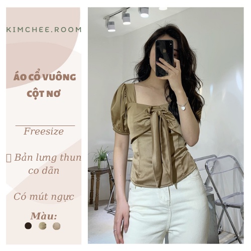 Áo cộc tay cột nơ điệu xinh lụa satin BO THUN LƯNG CO DÃN FREESIZE