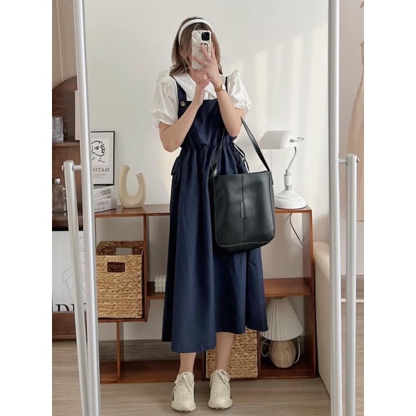 Set yếm babydoll nhún eo kèm áo sơ mi trắng cổ bèo Vintage