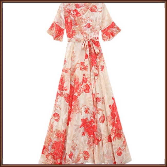 Đầm Dài Cổ Chữ V Tay Ngắn Họa Tiết Hoa Thời Trang Cho Nữ