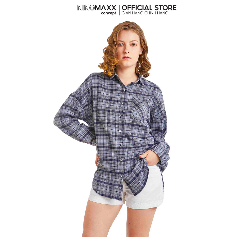 Ninomaxx Áo Sơ Mi Nữ cổ bẻ dài tay sọc caro in chữ thân sau 100% cotton 1910025