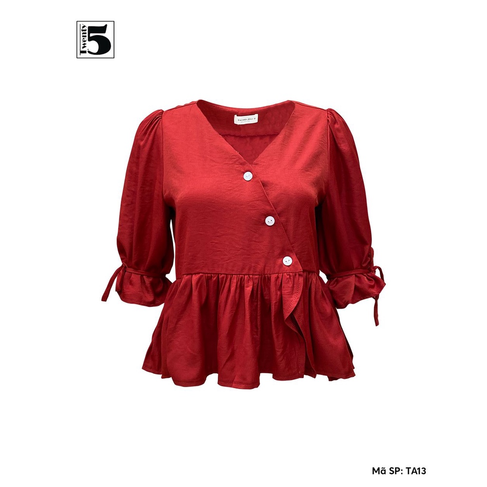 Áo sơ mi nữ Twentyfive babydoll cổ V dáng lửng vạt chéo thắt nơ cổ tay TA13