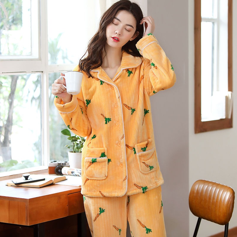 Bộ đồ ngủ bằng nhung san hô dày dặn dễ thương thời trang thu đông cho nữ