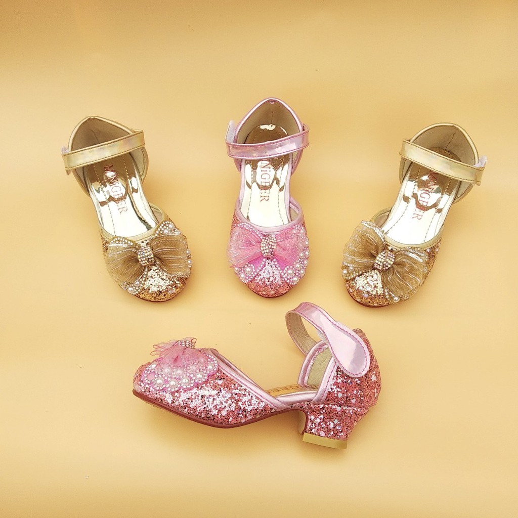 Giày Sandal bé gái - Giày cao gót 2cm kim tuyến đính nơ