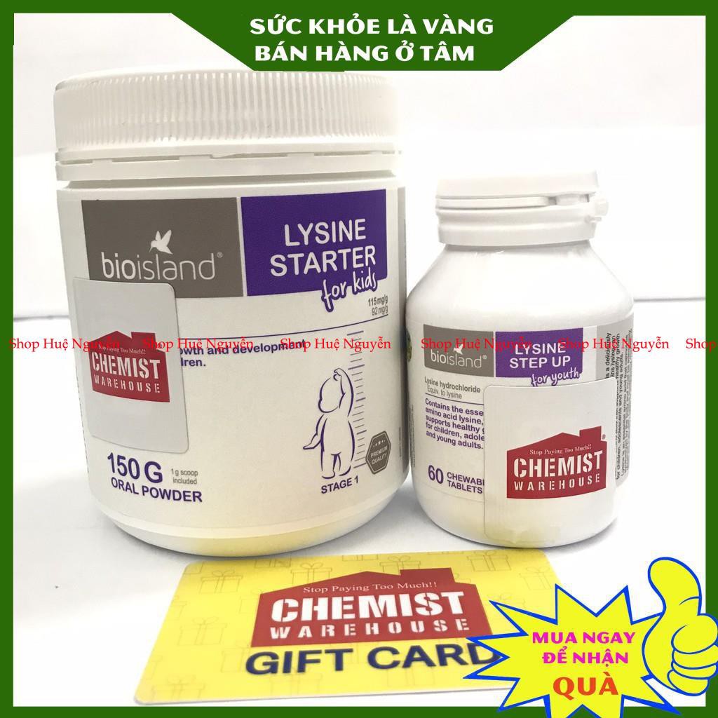 Lysine Bio Island Úc phát triển chiều cao cho bé dạng bột 150g từ 7 tháng - 6 tuổi và dạng viên nhai 60v từ 6 - 22 tuổi