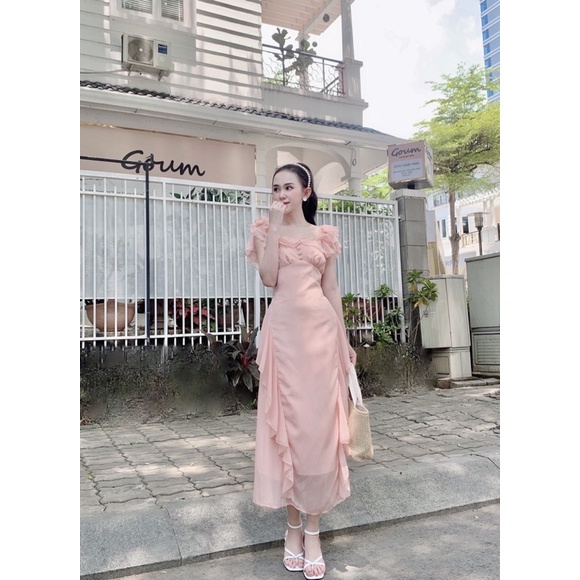 Đầm tơ cổ bèo vuông nút bọc cao cấp loại 1 | BigBuy360 - bigbuy360.vn