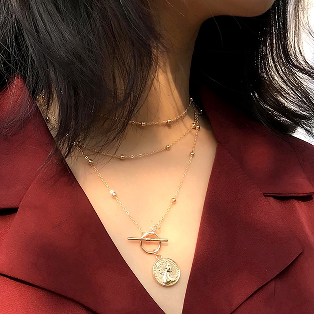 Dây chuyền đa lớp kiểu Boho Retro mặt hình miếng thẻ tròn thời trang cho nữ