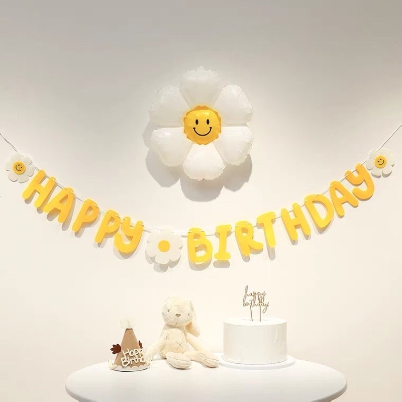 Dây chữ Happy Birthday hoa cúc vải nỉ trắng xanh Hồng vàng