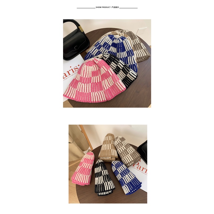 Mũ Bucket Len Dệt Kim Sọc Ca Rô Thời Trang Thu Đông Phong Cách Nhật Bản Dành Cho Nữ