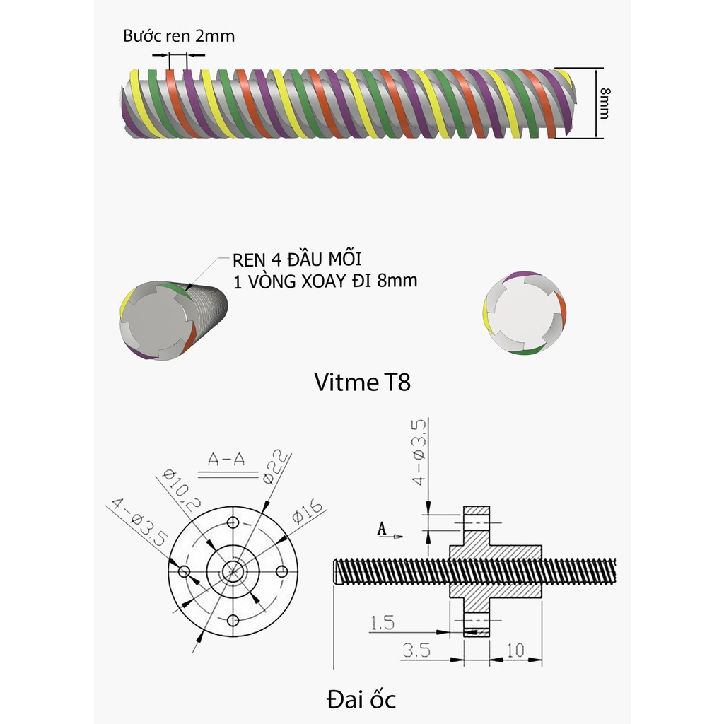 Vitme T8 + Đai ốc 100mm/200mm/250mm/300mm/400mm/500mm ( Tùy kích thước )