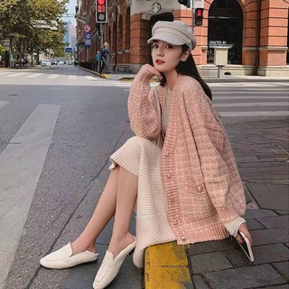 Áo cadigan len dạ kẻ ô