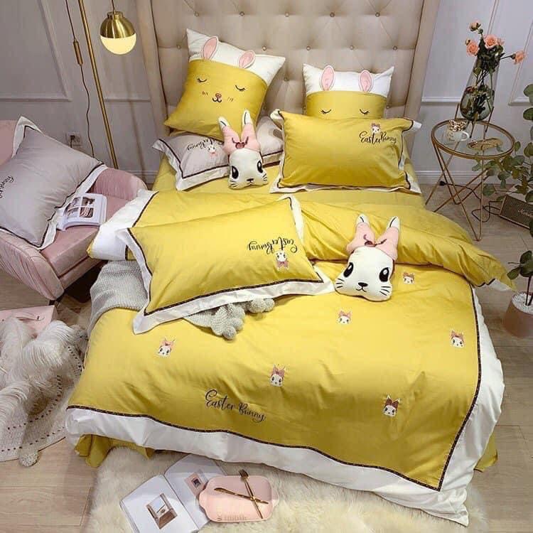 Set chăn ga gối cotton lụa thêu, Bộ 5 món ga gối mền cưới cao cấp màu vàng tặng vỏ gối ôm