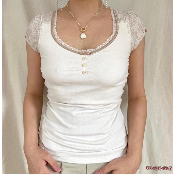 Áo thun tay ngắn phối ren hoa thời trang mùa hè cho nữ