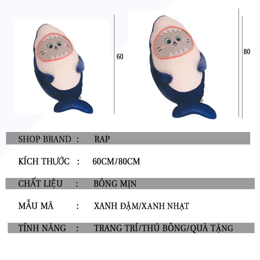 Gấu bông cá mập mặt mèo siêu mềm mịn Baby Shark biểu cảm siêu dễ thương nhiều kích thước - Ráp