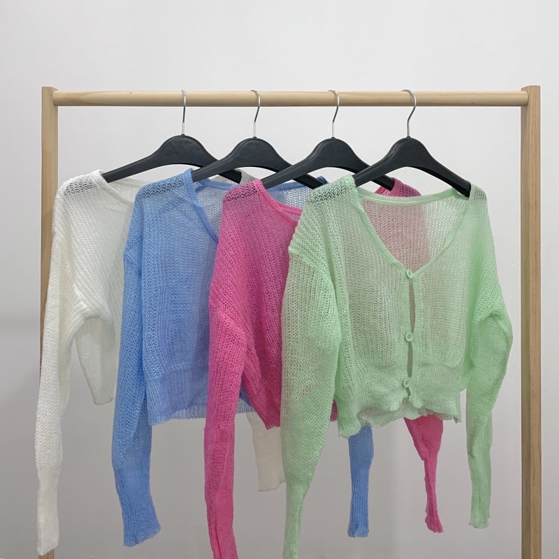 Áo cardigan nữ len mỏng màu trắng/hồng/xanh lá/xanh dương + Chân váy kaki chữ A xếp ly đuôi màu hồng/kem - Meadow
