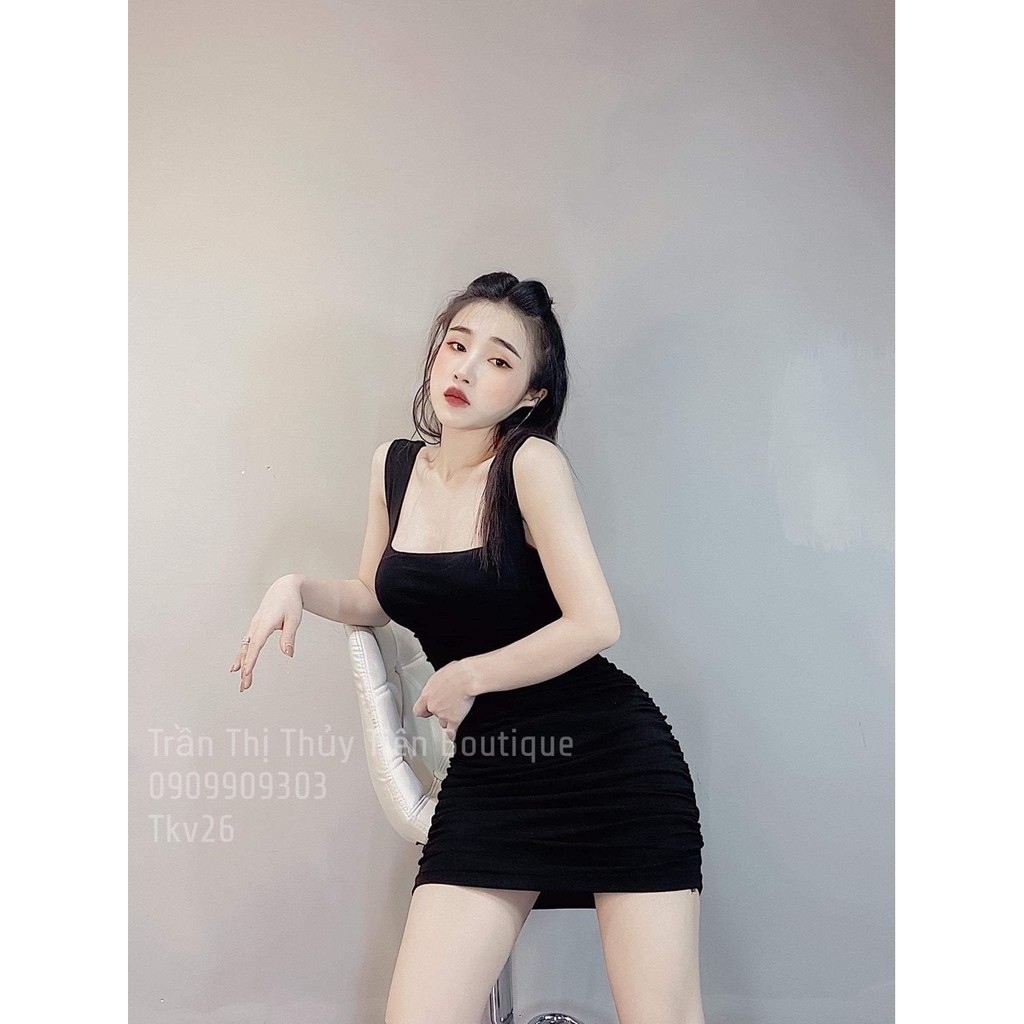 Đầm hai dây to vuông , đầm ôm body nhúm sườn chất thun thái dày dặn co giãn siêu hot