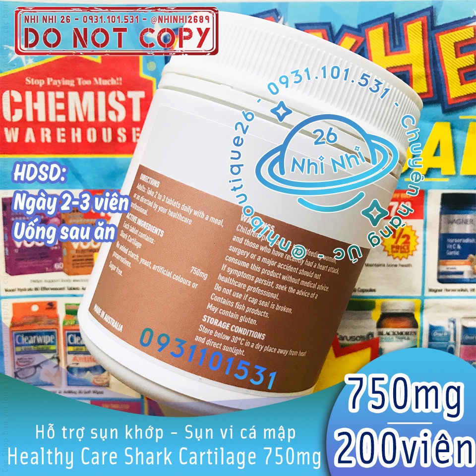 Sụn vi cá mập Healthy Care Shark Cartilage 750mg 🐋 200 viên