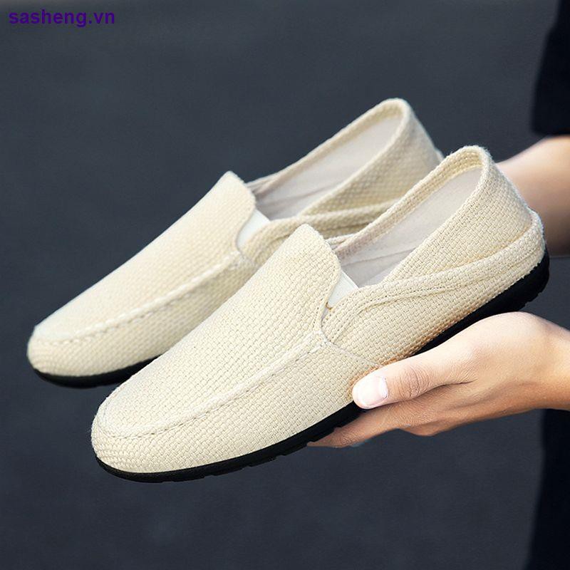 Giày lười vải lanh thoáng khí màu đen thời trang mùa hè cho nam trung niên