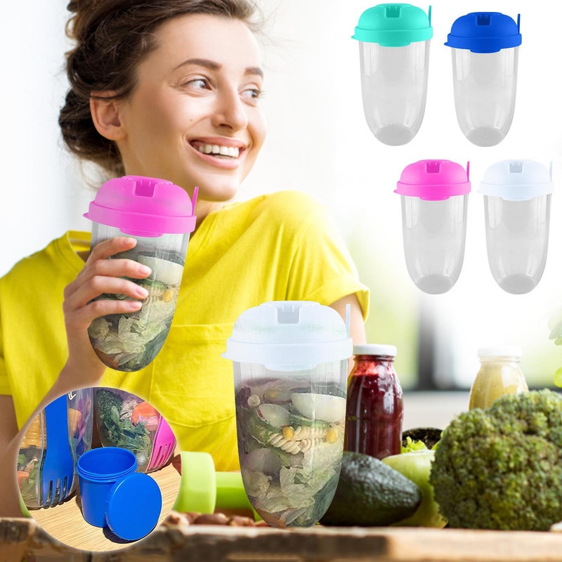 Bình Đựng Thức Ăn Salad Trái Cây Salad Dung Tích 1000ML Kèm Nĩa Và Nĩa