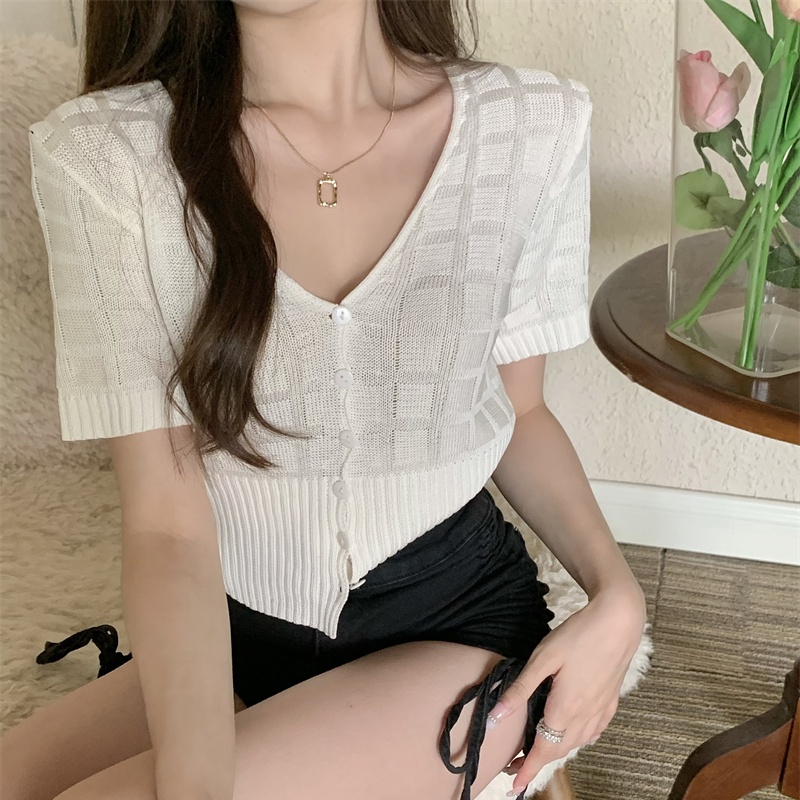 SUXI Áo Dệt Kim Ngắn Tay Cổ Chữ V Màu Sắc Trơn Thời Trang Mùa Hè Cho Nữ