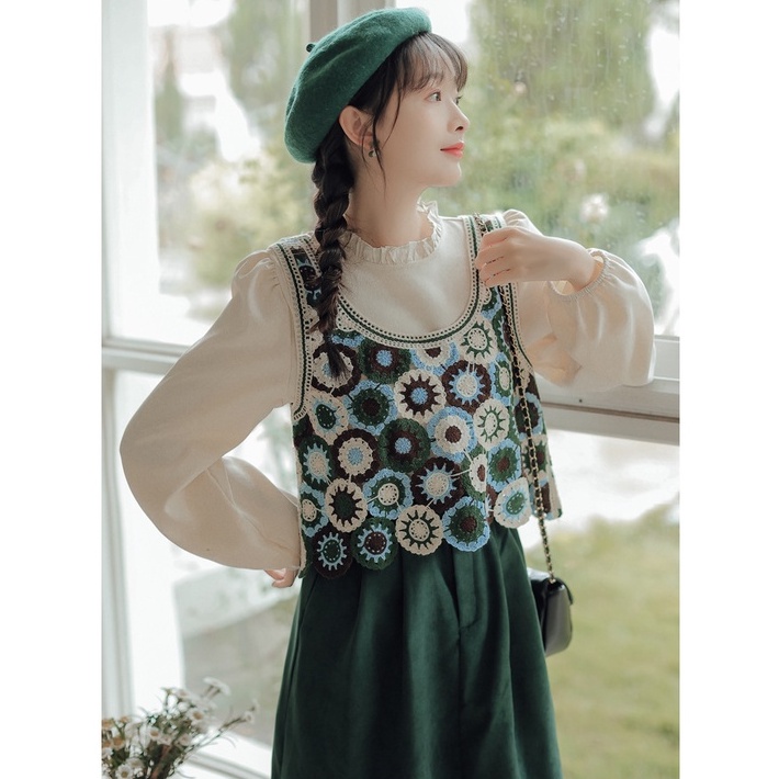 [Augustcloth] Áo gile khoác ngoài đan thêu hoa xanh phong cách Hàn Quốc | BigBuy360 - bigbuy360.vn