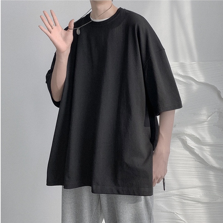 Áo Thun Tay Lỡ Unisex Xẻ Tà Cotton Thoáng Mát,Áo Phông Dáng Rộng Phối Cúc Nam Nữ Phong Cách Hàn Quốc