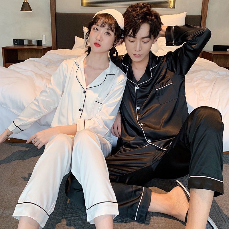 Hai bộ quần áo ngủ cặp đôi lụa băng dành cho nữ mùa xuân và thu đồ mặc nhà nam bằng mỏng
