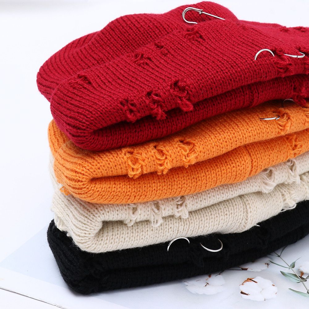 Mũ beanie dệt kim đính vòng kim loại giữ ấm mùa đông phong cách Harajuku thời trang cho nam và nữ 2021
