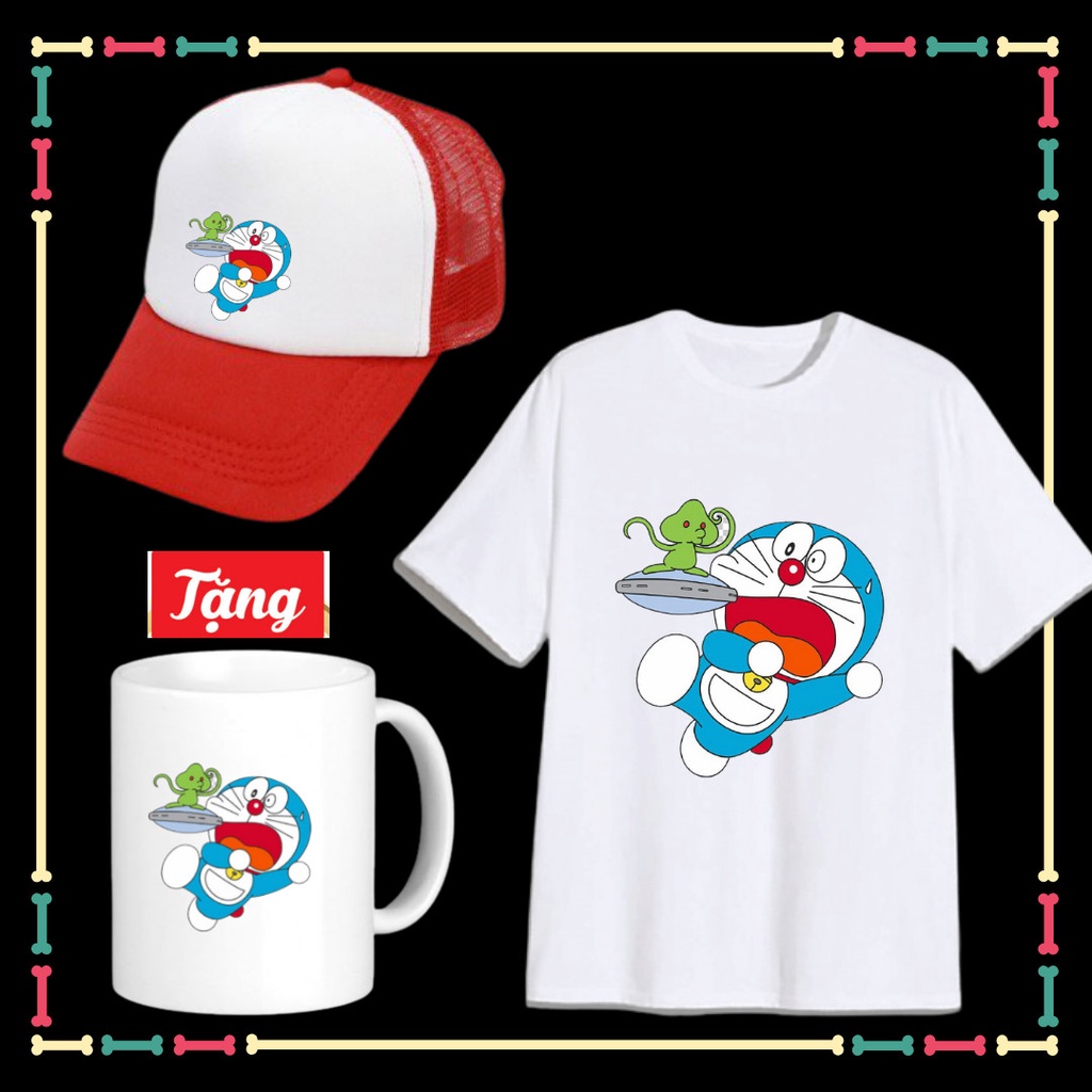 Combo Mũ Áo Doremon cho trẻ em vui nhộn vải co giãn 4 chiều Tặng ly sứ in hình Doremon