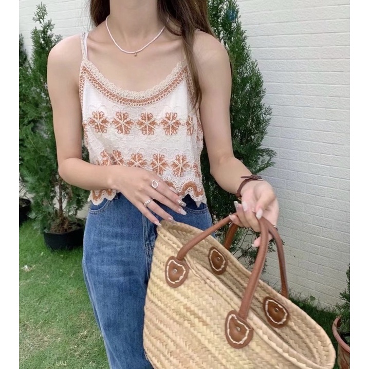 Áo Croptop 2 Dây Vải Thêu Hoa Mặc Khoác Ngoài, Đi Biển Siêu Xinh