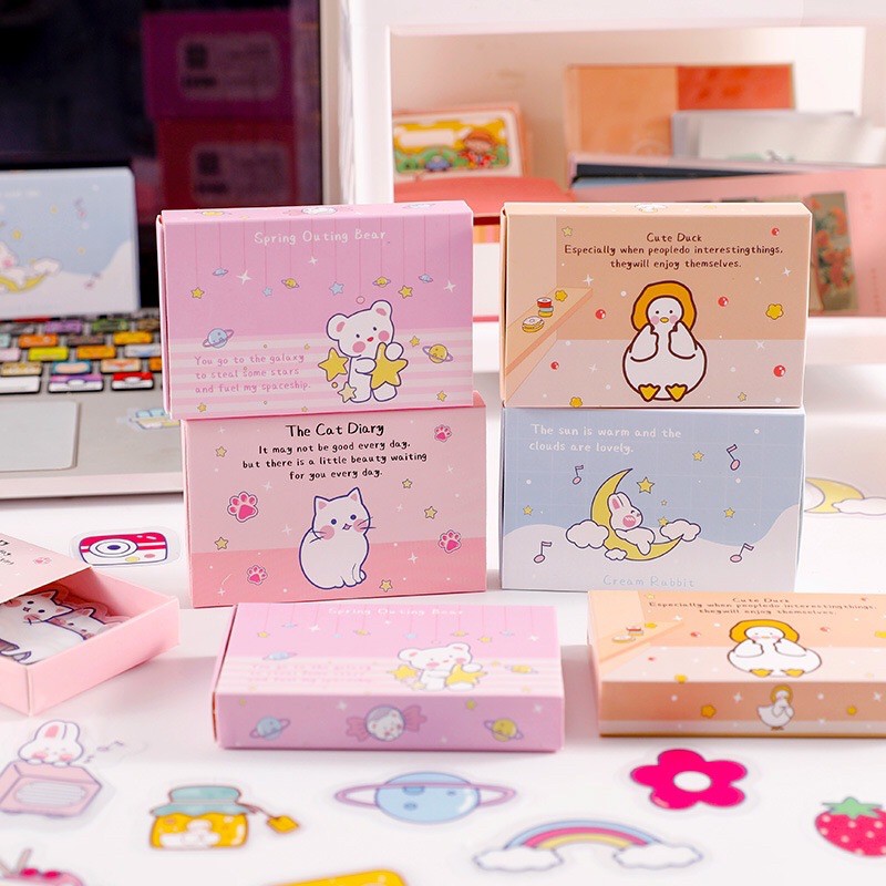 SET 40 MIẾNG STICKER HÌNH MÈO THỎ DỄ THƯOWNG KÈM HỘP ĐỰNG CUTE ĐÃ CẮT SẴN CHỐNG NƯỚC CỰC TỐT