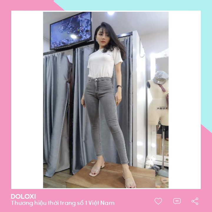 Quần jean nữ ôm cạp cao một khuy Doloxi vải bò giấy đẹp co giãn 4 chiều Q586