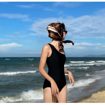 Đồ bơi Bikini liền mảnh lệch vai cột nơ cá tính màu đen KONKUN MS28