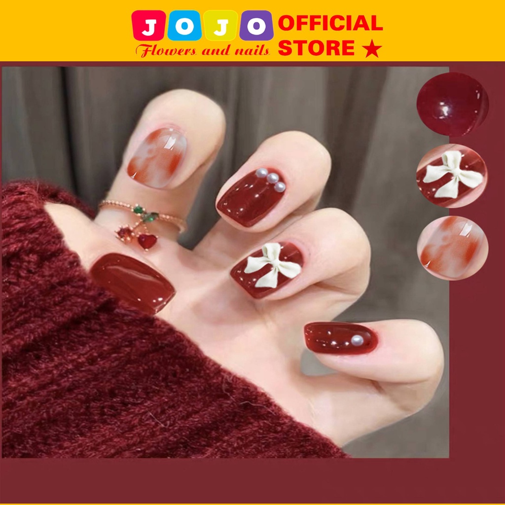 Móng giả đính đá đính nơ Z191 Jojo vuông móng tay giả đính đá đẹp kèm keo cao cấp