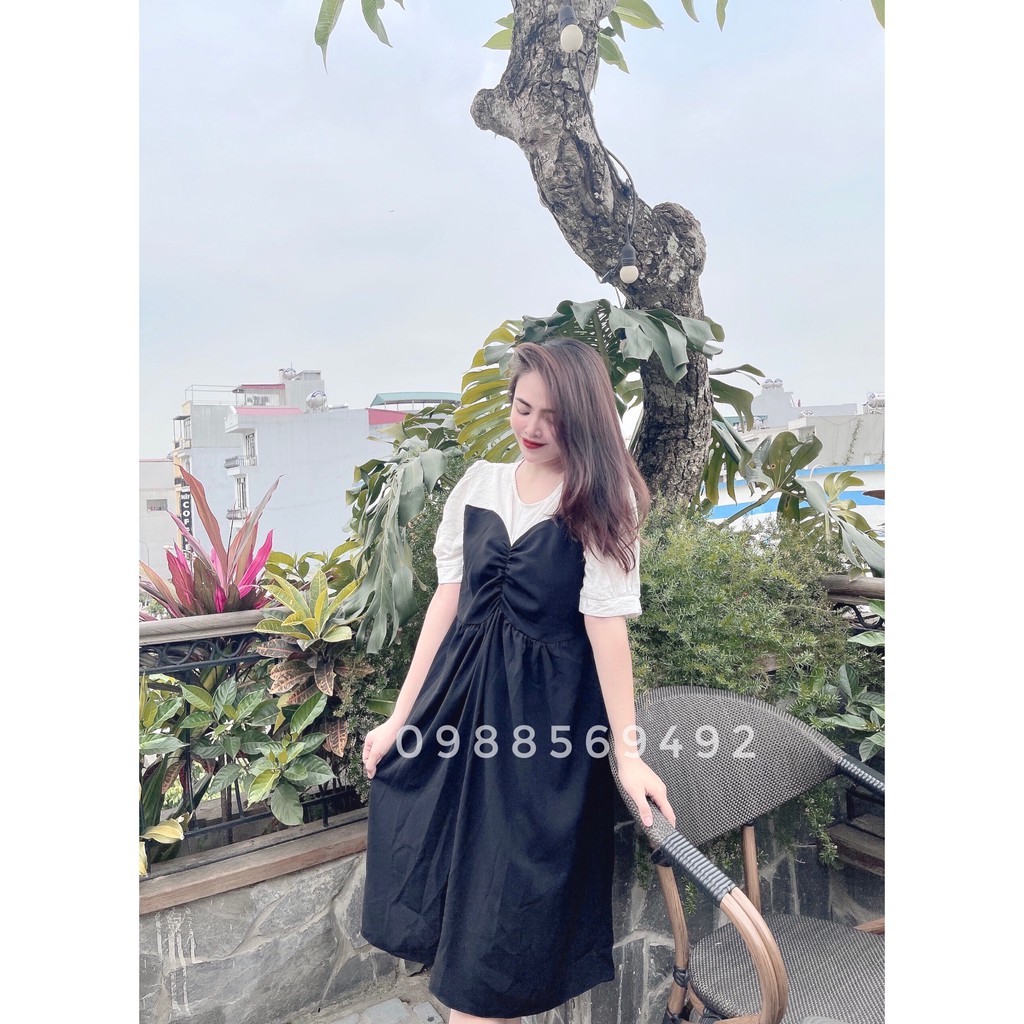Váy bầu bigsize - Đầm bầu thiết kế GuMe màu Đen BabyDoll Cup Ngực Phối Trắng chất vải sạn lụa size từ 40-100kg MB253