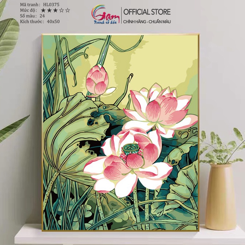 Tranh Số Hoá Hoa Sen Hồng GAM Tự Tô Màu Theo Số Trang Trí Treo Tường Có Khung 40x50cm HL0375