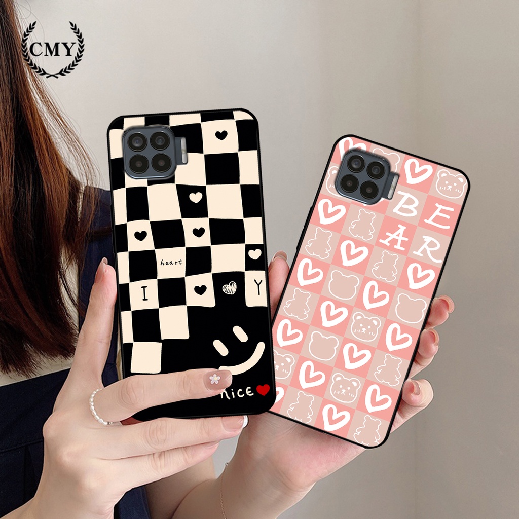 Ốp lưng Oppo A73 - Oppo A93 in họa tiết caro trái tim, gấu bear dễ thương