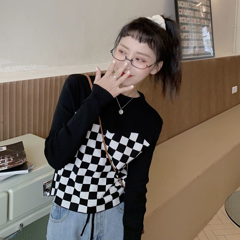 Áo thun tay dài giả hai lớp phối dây rút trước ngực họa tiết caro thời trang cho nữ