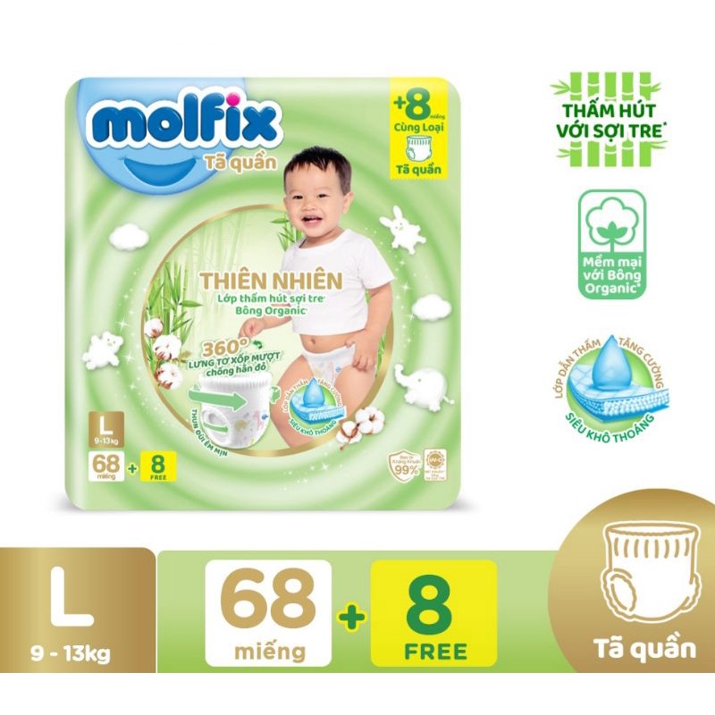 Tã quần thiên nhiên Ultra Molfix size M76/L68/XL62/XXL56 tặng 8 miếng