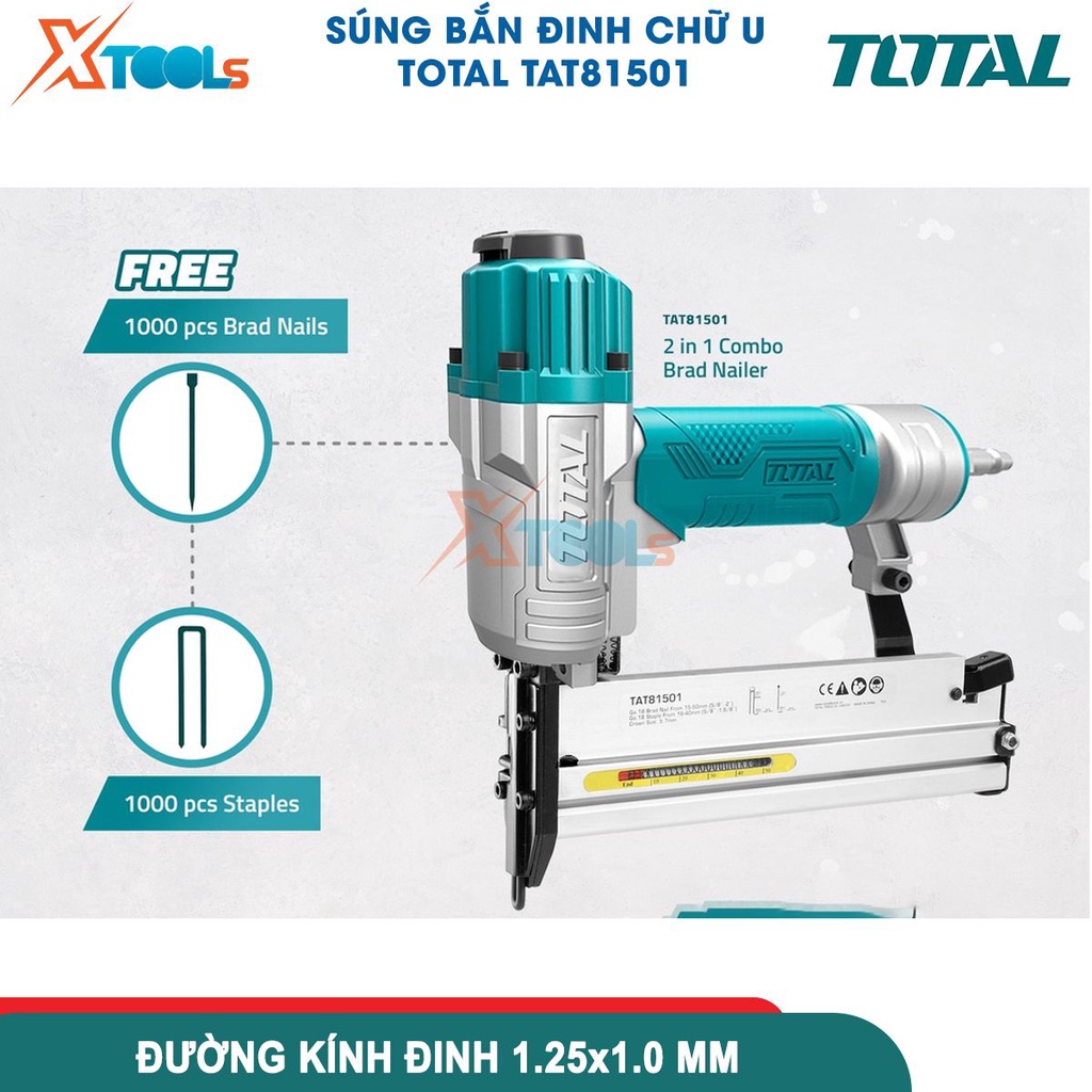 Máy bắn đinh khí nén TOTAL TAT81501, Súng bắn đinh thẳng và đinh U kích thước ghim U 15-50mm - [CHÍNH HÃNG][XTOOLS]