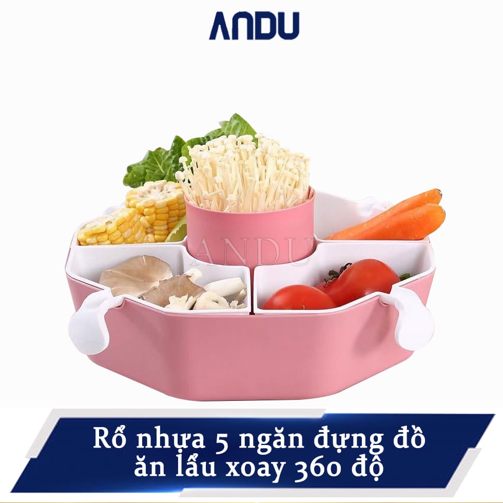 Rổ Đựng Rau Ăn Lẩu Xoay Rổ Đựng Trái Cây, Hoa Quả Khay Đựng Đồ Ăn Lẩu Xoay 5 Ngăn Hai Lớp Hình Bông Hoa