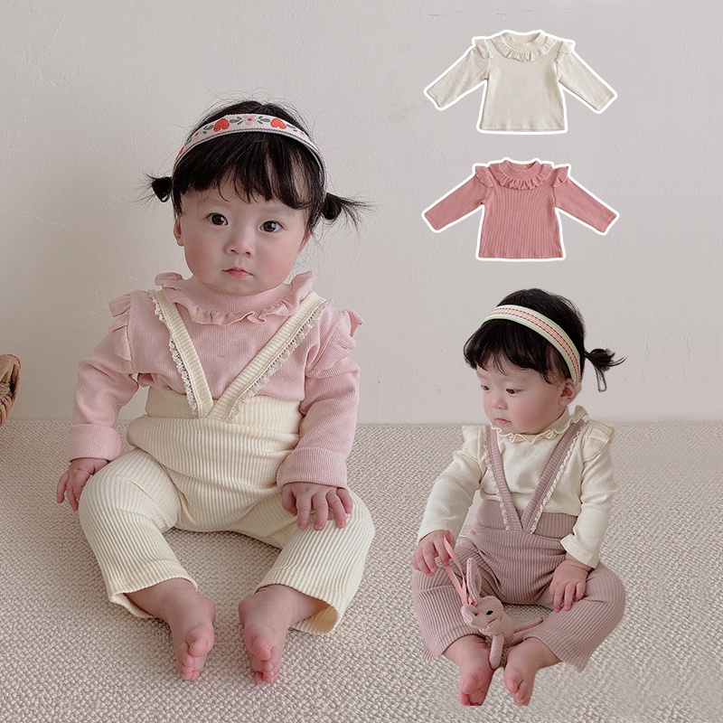 Áo Thun Cotton Tay Dài Cổ Bèo Xếp Ly Dễ Thương Dành Cho Bé Gái