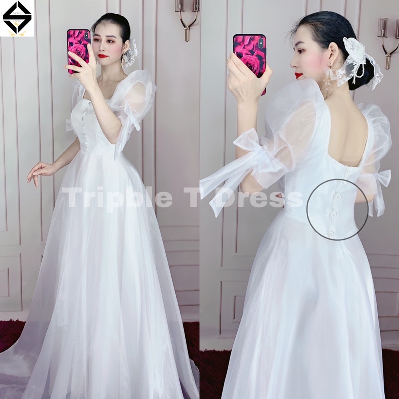 Đầm maxi cưới TRIPBLE T DRESS tay ngắn phồng kết nơ tay phối nút bọc - size S/M/L -MS162Y
