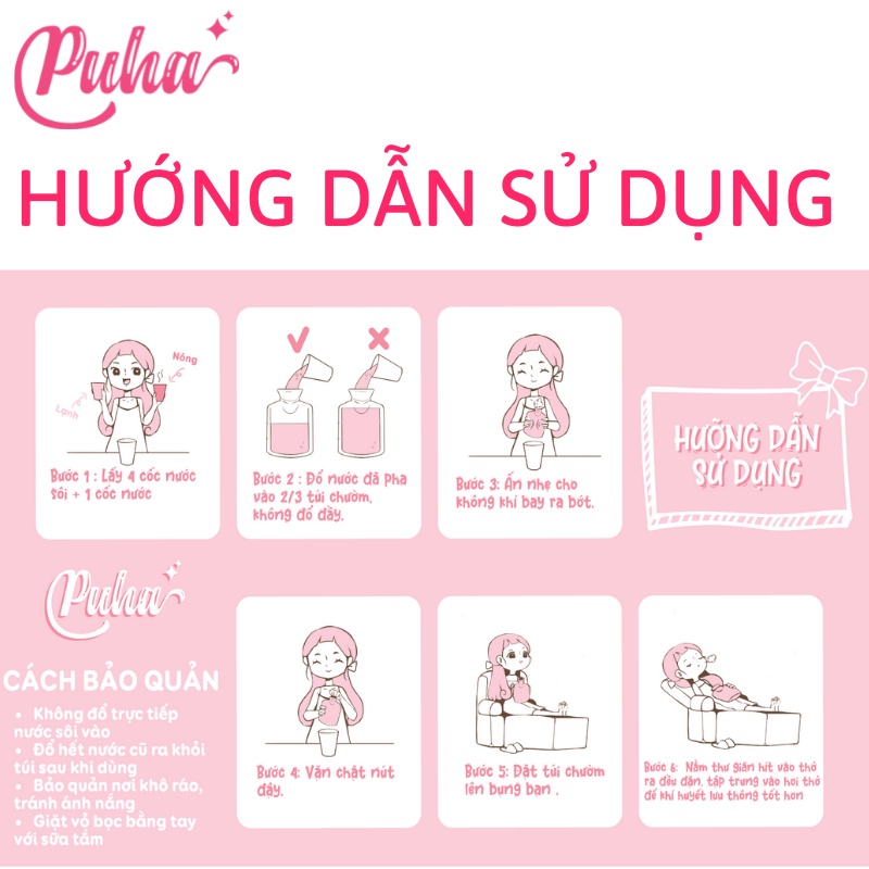 Túi chườm nóng đau bụng kinh PUHA 200ml, túi chườm ấm nóng sưởi bụng giảm đau cho nữ