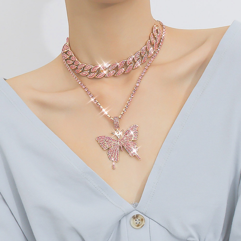 Uwin Iconic Butterfly Pendant 9mm Rose Gold Cuban Chain Cubic Charm Pink Tennis Chain Necklace Men Women Hip Hop Jewelry Gift|Chain Necklaces