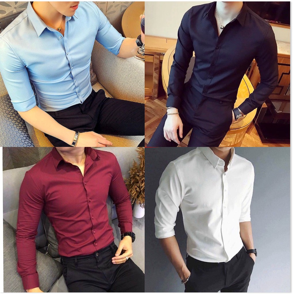 Áo sơ mi nam tay dài trắng đen đơn giản siêu mát HP