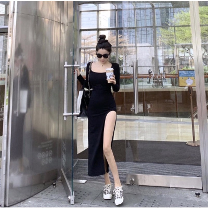 Váy ôm body dáng dài xẻ tà cổ vuông dài tay cộc ngắn tay