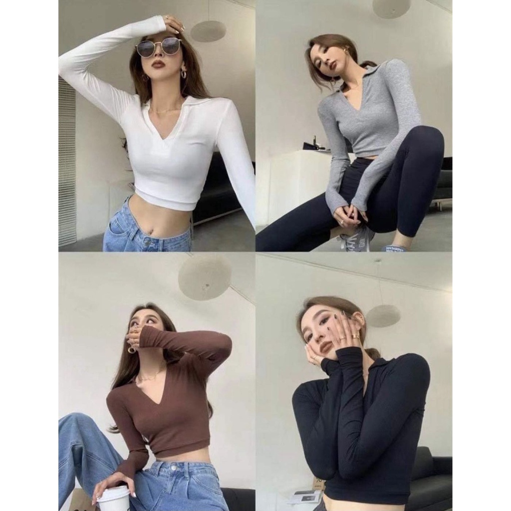 Áo polo thun dài tay A-6111 áo croptop nữ dài tay thu-đông | BigBuy360 - bigbuy360.vn