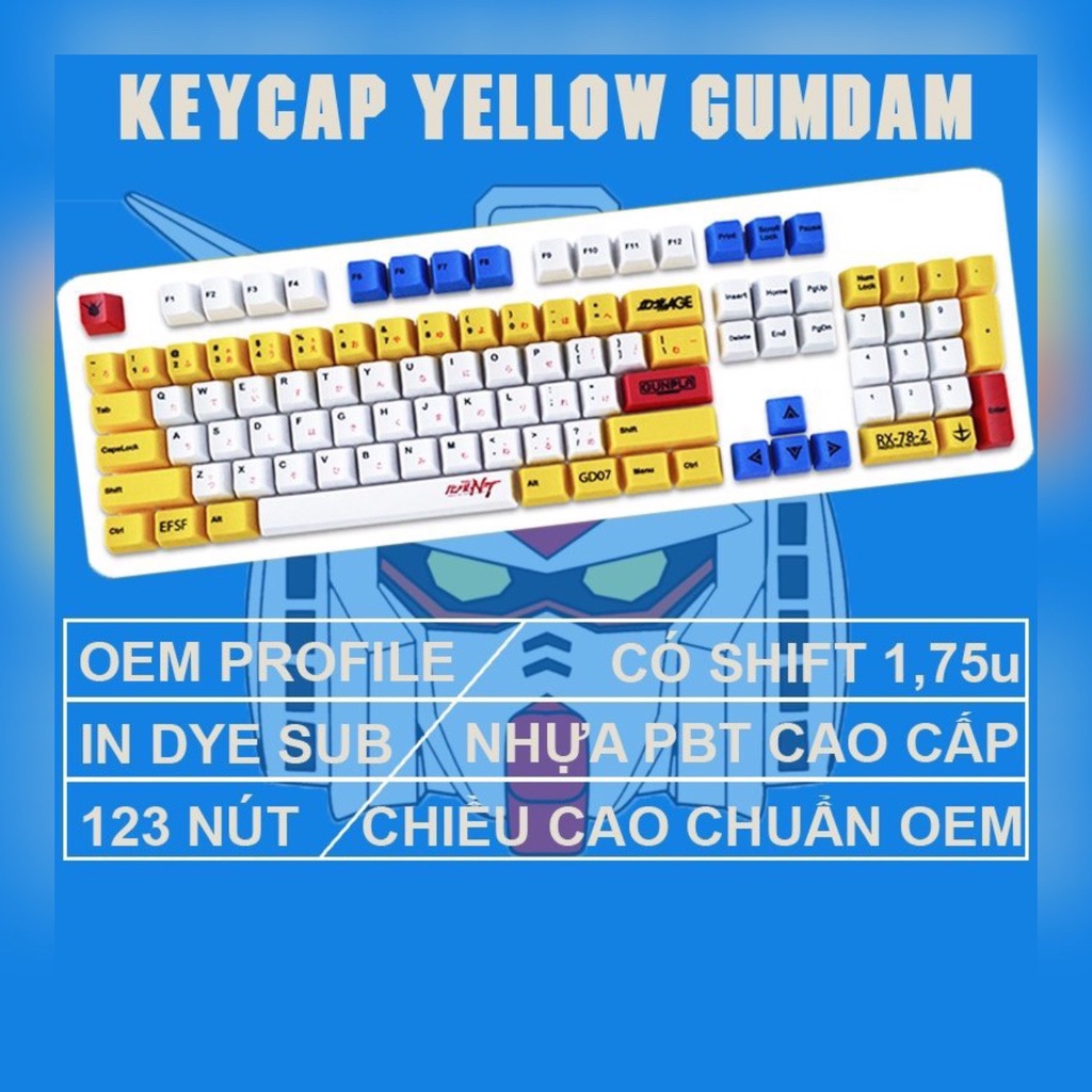 Keycap Yellow Gundam nhựa PBT cao cấp, Profile OEM, in Dye Sub 123 Nút cho bàn phím cơ