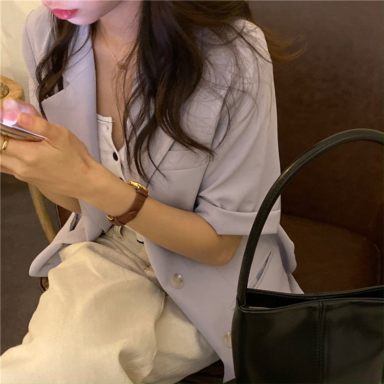 [SẴN SỐ LƯỢNG ÍT] Áo blazer mỏng cộc tay 2 màu pastel style ulzzang Korea (tím/be) | BigBuy360 - bigbuy360.vn